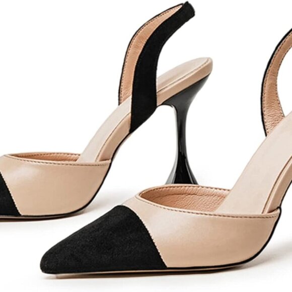 Women's Faux Suede Slingback Pumps Patchwork Heels Slip On Dress Shoes - Picture 5 of 7